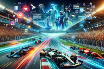 Här är en bild som illustrerar transformationen av Formel 1 genom Liberty Media. Den skildrar en modern Formel 1-racerbana fylld med action, avancerad teknologi och digitala element som symboliserar sportens digitala expansion och engagemang med fans under deras inflytande.