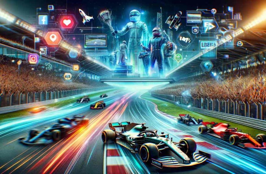 Här är en bild som illustrerar transformationen av Formel 1 genom Liberty Media. Den skildrar en modern Formel 1-racerbana fylld med action, avancerad teknologi och digitala element som symboliserar sportens digitala expansion och engagemang med fans under deras inflytande.