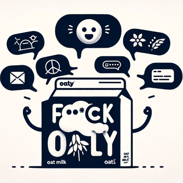 Bild inspirerad av Oatlys 'F*ck Oatly'-kampanj. Den visar en Oatly-havremjölkkartong med ett humoristiskt uttryck, omgiven av symboler som representerar olika aspekter av kampanjen.