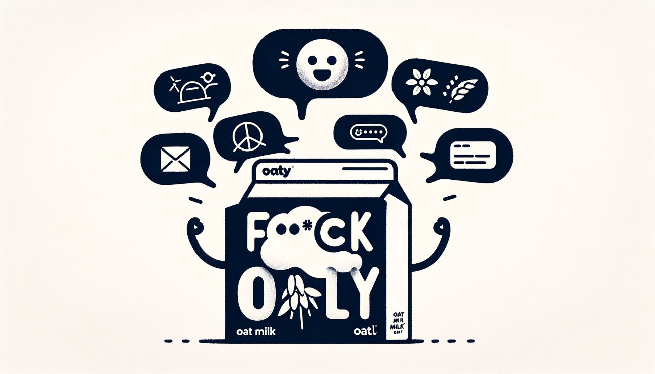 Bild inspirerad av Oatlys 'F*ck Oatly'-kampanj. Den visar en Oatly-havremjölkkartong med ett humoristiskt uttryck, omgiven av symboler som representerar olika aspekter av kampanjen.